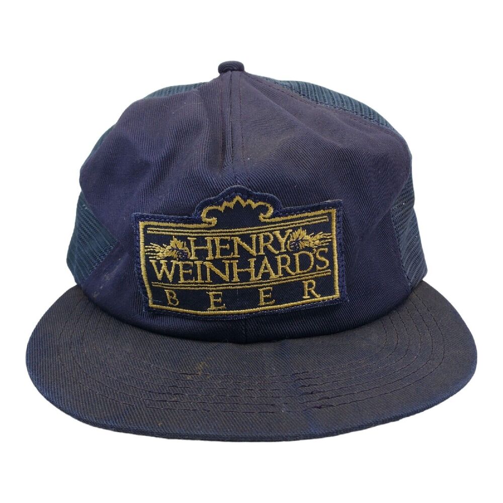 Vintage HENRY WEINHARDS BEER Hat Cap Blue Trucker Mesh Embroidered Snapback